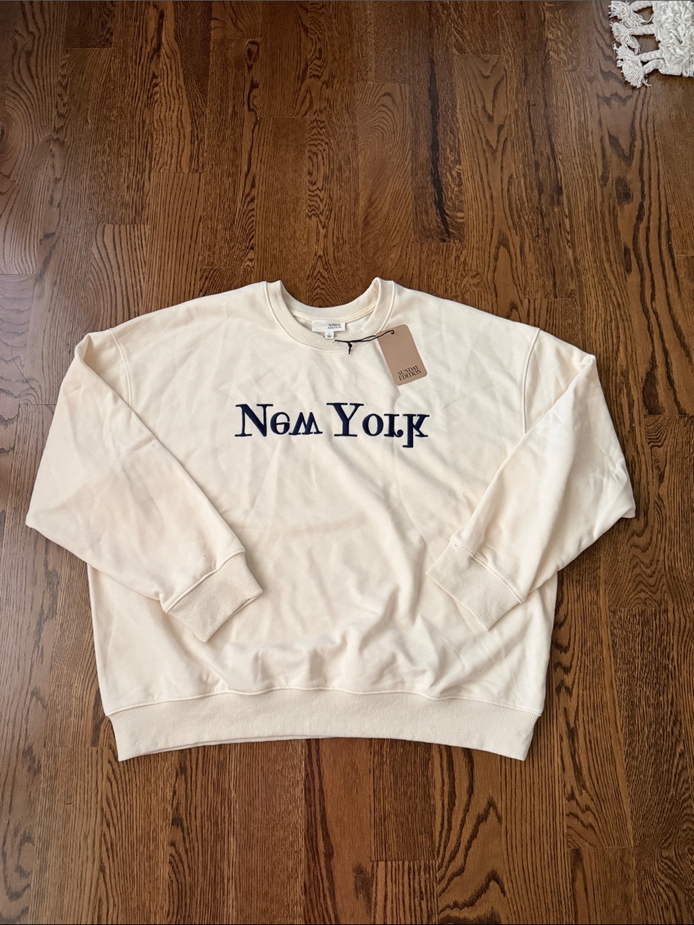 Sunday Edition Cream Crewneck Sweater with Navy 'New York' Graphic large